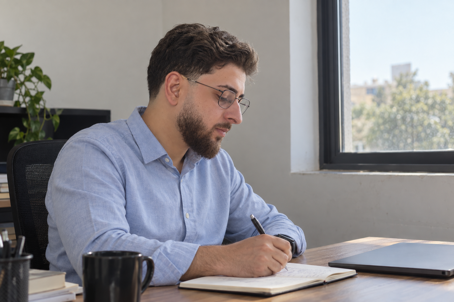 Farhan Ahmadi in a light blue shirt, writing in a notebook beside a window