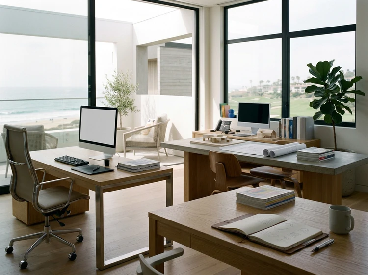 A bright workspace with large windows overlooking the sea